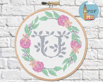 Letter Cross Stitch Pattern - "U" Cross Stitch Monogram with floral wreath | Personalised Cross Stitch Pattern | Wedding Cross Stitch