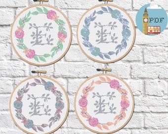 Letter Cross Stitch Pattern - "E" Cross Stitch Monogram with floral wreath | Personalised Cross Stitch Pattern | Wedding Cross Stitch