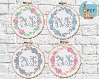 Letter Cross Stitch Pattern - "M" Cross Stitch Monogram with floral wreath | Personalised Cross Stitch Pattern | Wedding Cross Stitch