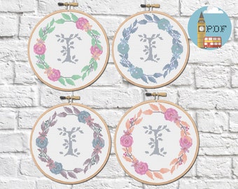 Letter Cross Stitch Pattern - "I" Cross Stitch Monogram with floral wreath | Personalised Cross Stitch Pattern | Wedding Cross Stitch