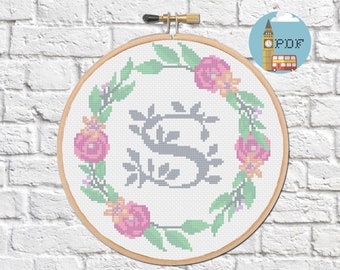 Letter Cross Stitch Pattern - "S" Cross Stitch Monogram with floral wreath | Personalised Cross Stitch Pattern | Wedding Cross Stitch