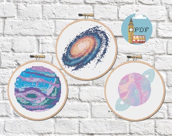 SET OF 3 Space Cross Stitch Patterns, Moon Cross Stitch Pattern, Planet Cross Stitch Pattern, Nebula Cross Stitch, Modern Cross Stitch