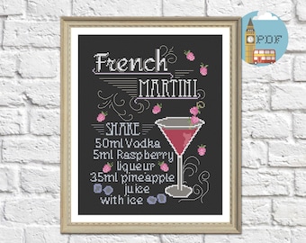 Cocktail Cross Stitch Pattern - Kitchen Cross Stitch Kit, Martini gift.