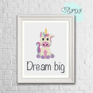 Baby cross stitch pattern - dream big diy decor for baby’s room. Baby unicorn cross stitch kit, nursery counted cross stitch