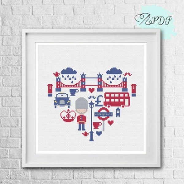 London Cross Stitch Pattern, Union Jack Love London Cross Stitch Pattern, London Bus, England Queen and Tower Bridge Cross Stitch Pattern