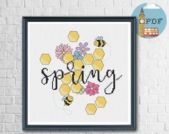 Cute Bee Cross Stitch Pattern, Spring Embroidery Chart, Floral Summer Cross Stitch PDF, Small Cross Stitch Pattern, Bumble Bee needlepoint