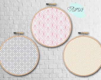 Modern Blackwork Cross Stitch Pattern Set of 3, Art Deco blackwork embroidery pattern, DIY wall art