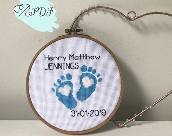 Personalised Baby cross stitch pattern, baby feet cross stitch, instant pdf pattern, modern cross stitch pattern new baby gift, newborn gift