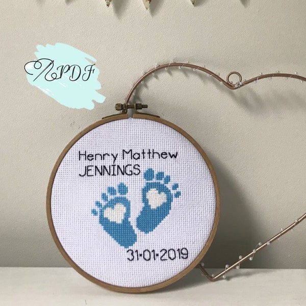 Personalised Baby cross stitch pattern, baby feet cross stitch, instant pdf pattern, modern cross stitch pattern new baby gift, newborn gift