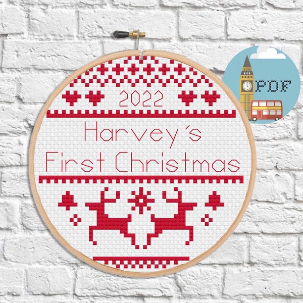 Personalised First Christmas Bauble Cross Stitch Pattern. 2022 Baby's First Christmas Scandi Cross Stitch Decoration.