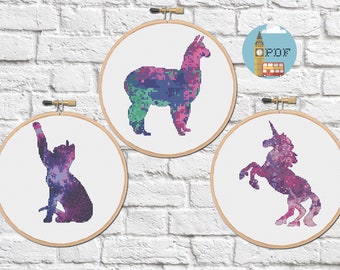 Galaxy Animals Cross Stitch Patterns Set of 3 - Unicorn, Llama and Cat Space Patterns