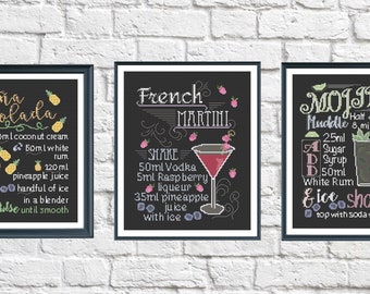 Cocktail Cross Stitch Patterns - Set of 3 French Martini, Mojito and Pina Colada Chalkboard Style Cross Stitch Patterns