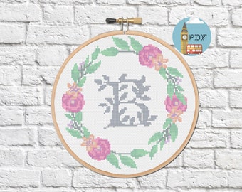 Letter Cross Stitch Pattern - "B" Cross Stitch Monogram with floral wreath | Personalised Cross Stitch Pattern | Wedding Cross Stitch