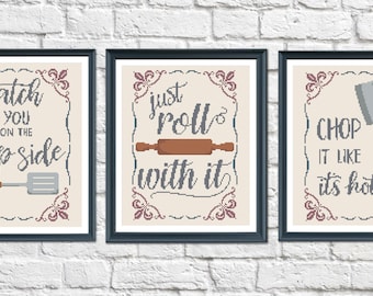 Kitchen Cross Stitch Patterns - Set of three cooking cross stitch patterns - gift for baker