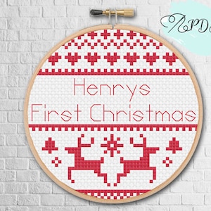 Personalised First Christmas Bauble Cross Stitch Pattern.  Baby's First Christmas Scandi Cross Stitch Decoration.