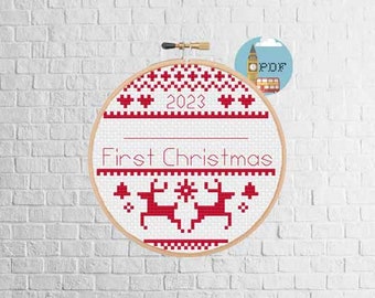 Personalised First Christmas Bauble 2023 Cross Stitch Pattern. Baby's First Christmas Scandi Cross Stitch Decoration.