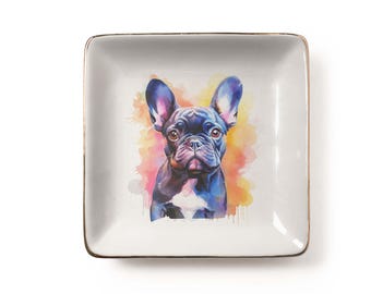 Watercolor Black French Bulldog Jewelry Dish, Frenchie Ceramic Trinket Tray, Pet Owner Birthday Gift (3.9 x 3.9 inch)