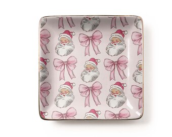Pink Coquette Santa Jewelry Dish: Blush Christmas Ceramic Tray, Vintage Bow Holiday Gift (3.9 x 3.9 inch)