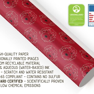 May include: Red wrapping paper with a repeating pattern of gold-colored floral illustrations. The paper is labeled as thick, high-quality, and made in the USA. It is also Greenguard certified.
