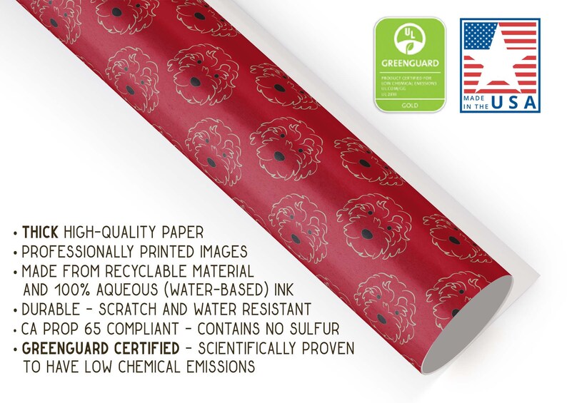 May include: Red wrapping paper with a repeating pattern of gold-colored floral illustrations. The paper is labeled as thick, high-quality, and made in the USA. It is also Greenguard certified.