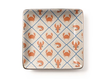 Playful Retro Seafood Crab Pattern Jewelry Dish: Coastal Orange Blue Cream Aesthetic Ceramic Tray, Beach House Decor (3.9 x 3.9 inch)