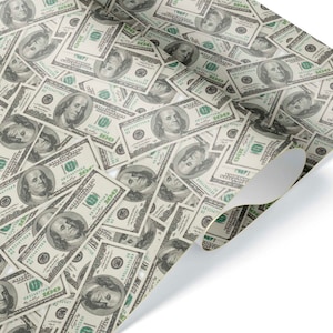 May include: A close-up of a sheet of paper with a pattern of US $100 bills. The paper is rolled up at the bottom right corner.