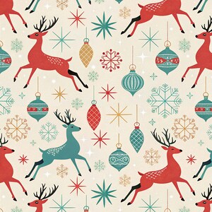 May include: A repeating pattern featuring red and teal reindeer, Christmas ornaments, snowflakes, and starbursts on a cream background. The reindeer are leaping, and the ornaments are hanging. The design has a retro, mid-century modern aesthetic.