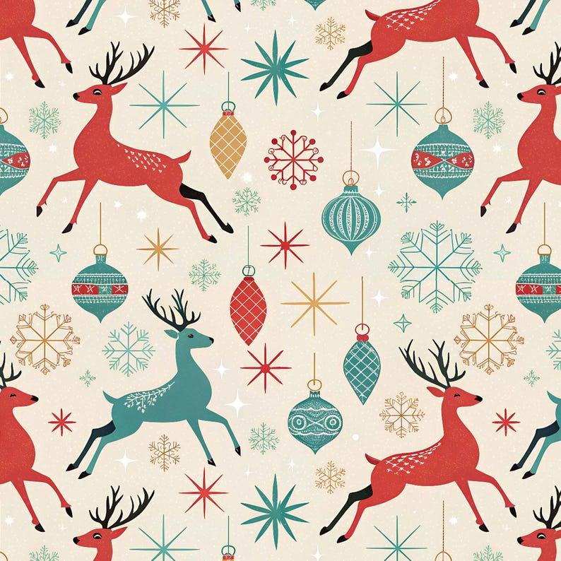 May include: A repeating pattern featuring red and teal reindeer, Christmas ornaments, snowflakes, and starbursts on a cream background. The reindeer are leaping, and the ornaments are hanging. The design has a retro, mid-century modern aesthetic.