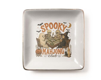 Spooky Mahjong Club Jewelry Dish: Whimsical Halloween Ceramic Trinket Tray, Game Night Hostess Gift (3.9 x 3.9 inch)