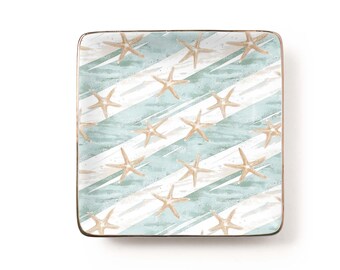 Coastal Starfish Jewelry Dish: Watercolor Beach Ceramic Trinket Tray, Summer Ocean Lover Gift (3.9 x 3.9 inch)