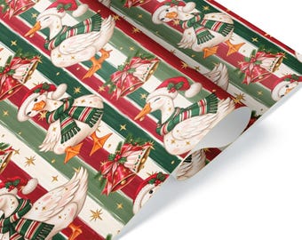 Christmas Goose Wrapping Paper: Whimsical Cottagecore Holiday Gift Wrap, Satin Sheet or Roll up to 60 ft, Printed in the USA