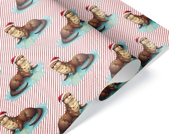 May include: Wrapping paper with a repeating pattern of brown otters wearing Santa hats and Christmas lights, riding on blue ice floes. The background features red and white vertical stripes.