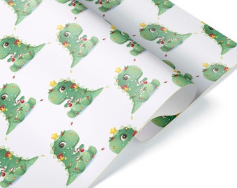 Cute Christmas Light Dino Dinosaur Wrapping Paper Roll Gift Wrap Sheet Toddler Present Stocking Stuffer Jurassic T-Rex Party Decorations