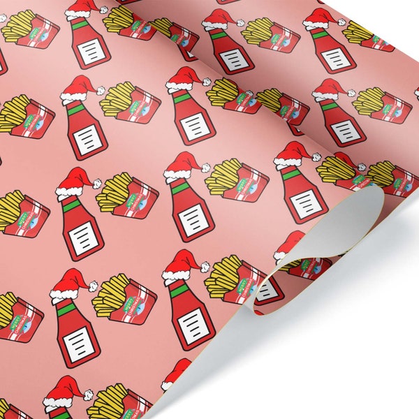 Fun Ketchup and French Fry Gift Wrap Food Theme Christmas Wrapping Paper Present Holiday Santa Party Decorations