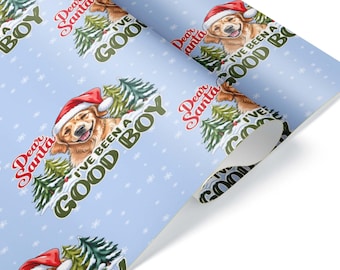 Good Boy Golden Retriever Christmas Wrapping Paper, Funny Santa Hat Dog Gift Wrap, Holiday Present for Pet Parents and Pup Lovers