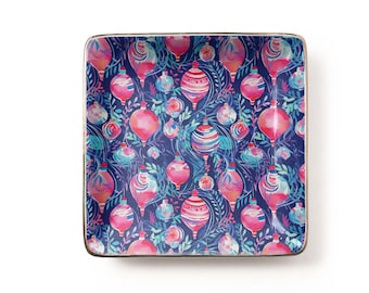 Preppy Christmas Ornaments Jewelry Dish: Watercolor Pink Holiday Ceramic Tray, For Her Gift (3.9 x 3.9 inch)