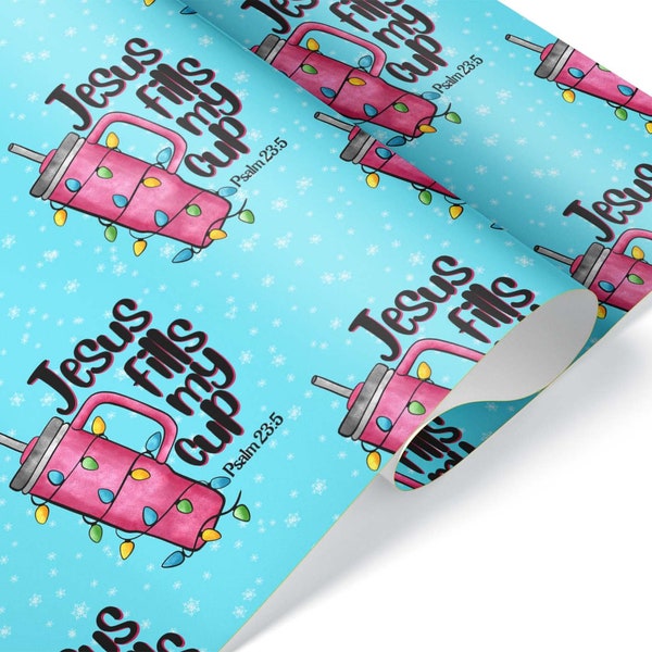 Jesus Fills My Cup Christmas Tumbler Gift Wrap, Fun Thick Wrapping Paper for Her, Cute Trendy Xmas Present