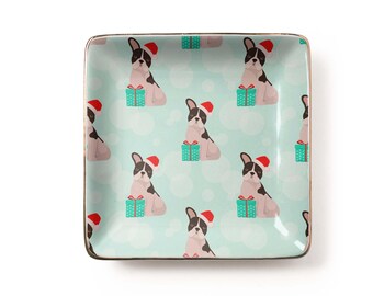 French Bulldog Christmas Jewelry Dish: Playful Cartoon Style Dog Lovers Ceramic Tray, Holiday Gift (3.9 x 3.9 inch)