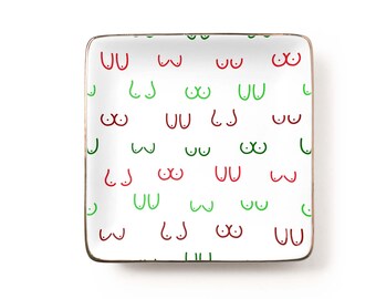 Christmas Boob Pattern Jewelry Dish: Funny Minimalist Line Art Ceramic Trinket Tray, White Elephant Gift (3.9 x 3.9 inch)