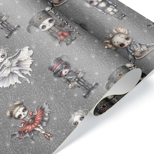 May include: Gray patterned paper featuring illustrations of gothic dolls, ballerinas, and toy soldiers. The dolls are dressed in black, red, and white, with a spiderweb design in the background.