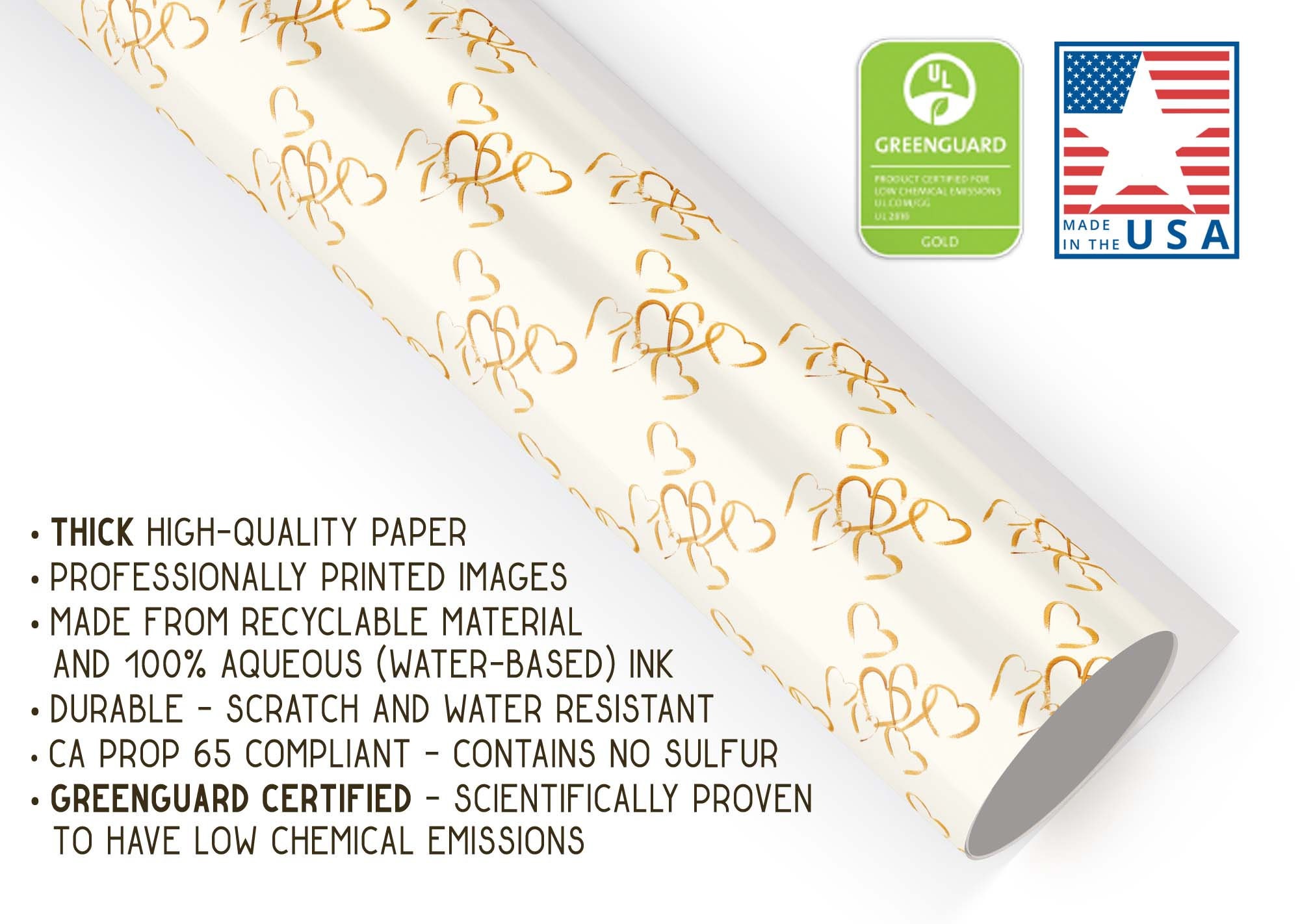 Golden Hearts Gift Wrap, Premium Luxury Thick Wrapping Paper, Love