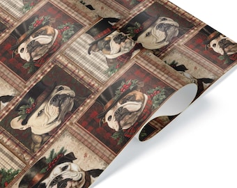 Vintage Christmas Art English Bulldog Wrapping Paper, Dog Owner Gift Wrap, Tartan Plaid Holiday Presents for Pet Parents