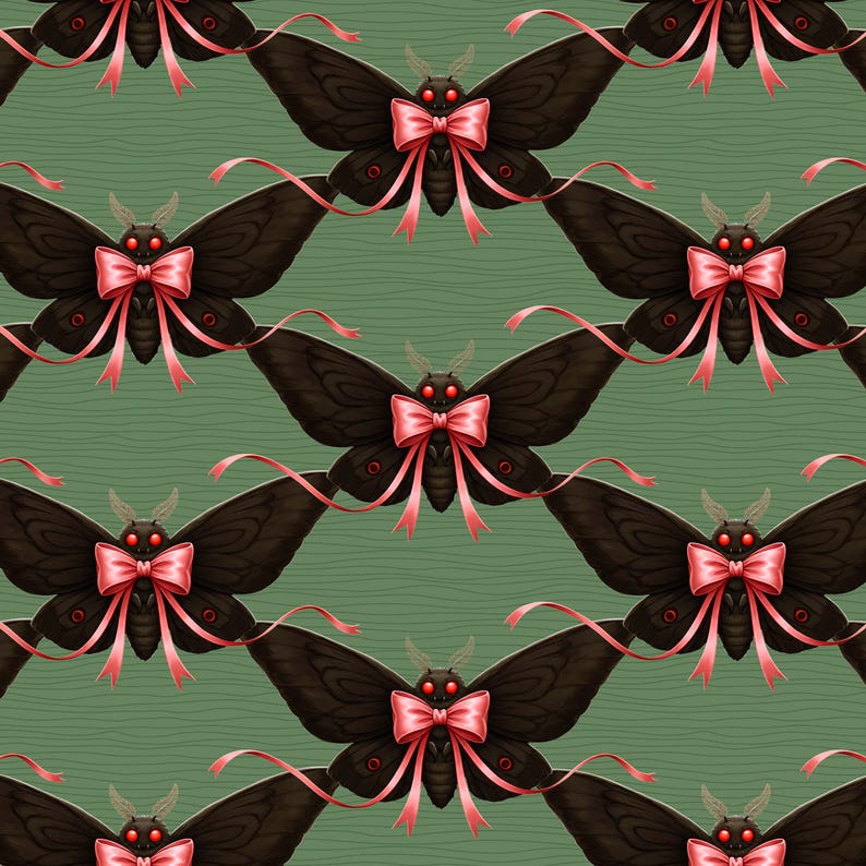 May include: A repeating pattern of dark brown moths with pink bows and red eyes on a green background. The moths have detailed wing patterns and long, flowing ribbons extending from the bows. The background has a subtle, textured appearance.