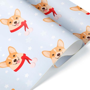 Cute Christmas Corgi Gift Wrap Blue Thick Wrapping Paper Dog Lover Present Theme Party Decoration