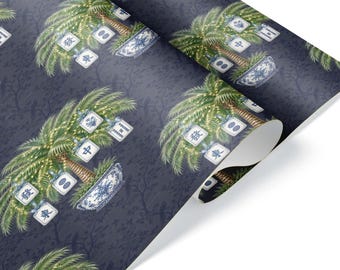 Mahjong Christmas Wrapping Paper, Preppy Holiday Palm Tree Chinoiserie Gift Wrap for Game Night Hosts