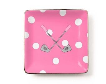 Pink Polka Dot Golf Clubs Jewelry Dish, Preppy Ceramic Tray (3.9 x 3.9 inch)