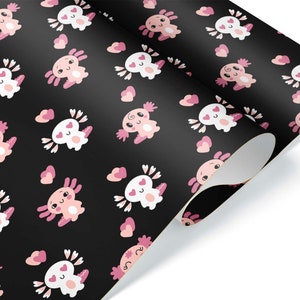 Cute Axolotl Black Pink Wrapping Paper Roll Gift Wrap Sheet Christmas Present Birthday Marine Animal Aquarium Theme Party Decorations