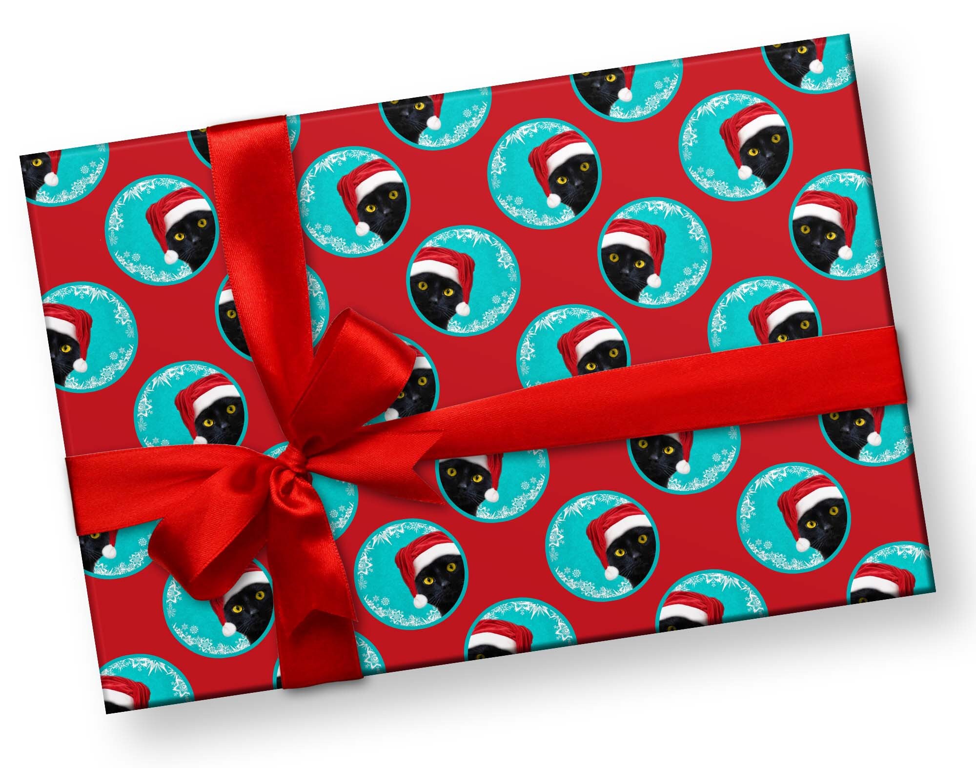 Funny Black Cat Christmas Wrapping Paper, Santa Hat Kitten Gift Wrap, Kitty Holiday X-Mas Present Decoration Decor (One 20 Inch X 30 Inch Sheet - View #9
