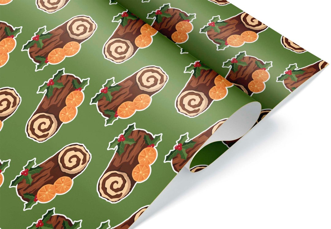 Cute Cartoon Yule Log Gift Wrap, Yule Blessing Wrapping Paper Roll Sheet, Nature Aesthetic