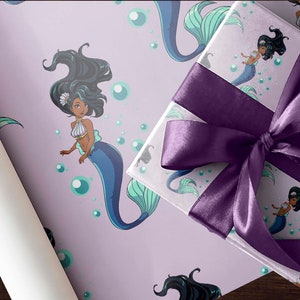 Cute Black Mermaid African American Wrapping Paper Roll Gift Wrap Sheet Christmas Present Birthday Party Decorations